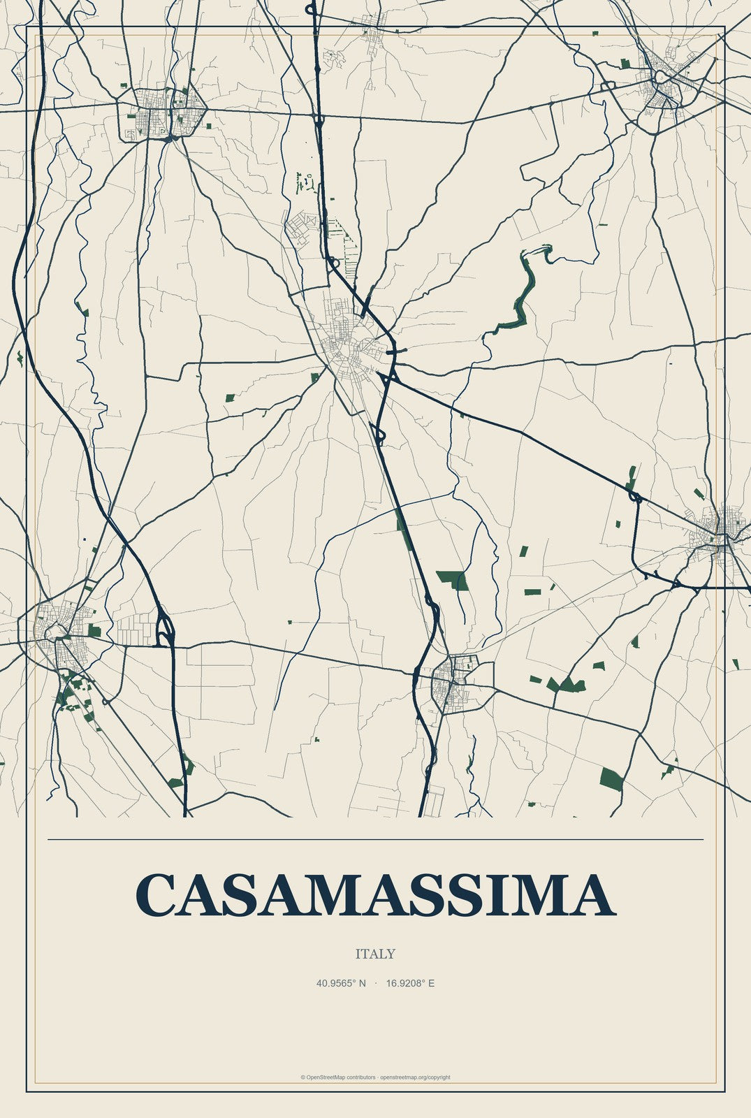Casamassima, Italy City Map Aluminum Sign in Coastal Cutout style