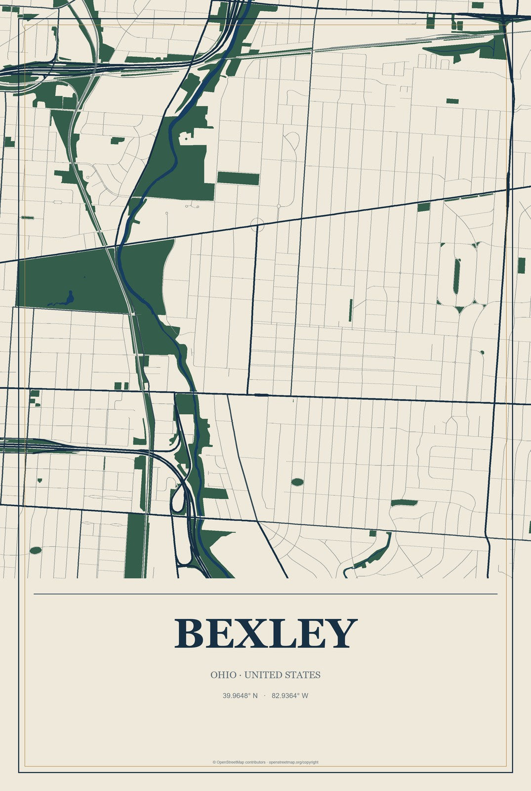 Bexley, Ohio City Map Aluminum Sign in Coastal Cutout style