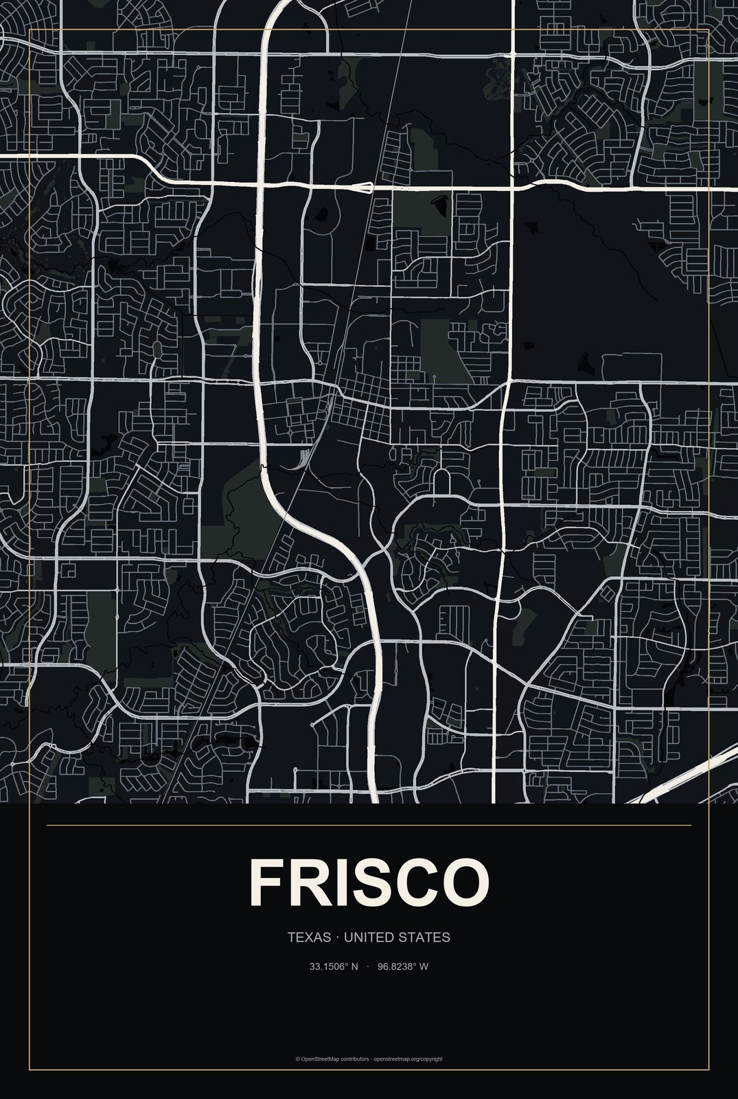 Frisco, Texas City Map Aluminum Sign in Metropolitan Noir style
