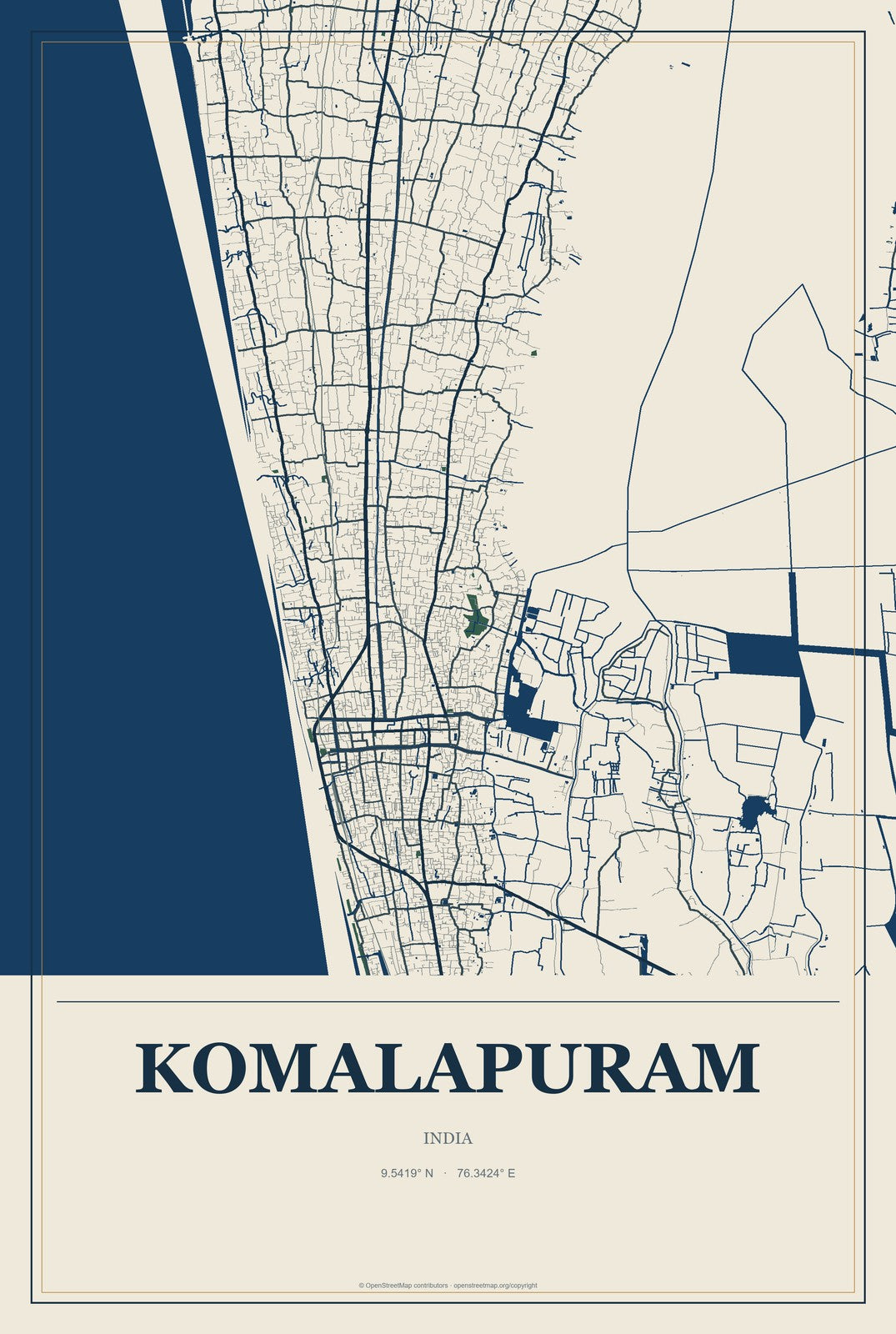Komalapuram, India City Map Aluminum Sign in Coastal Cutout style