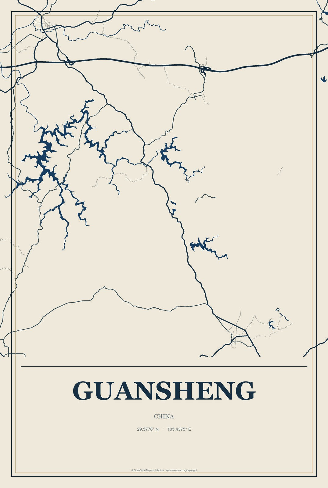 Guansheng, China City Map Aluminum Sign in Coastal Cutout style