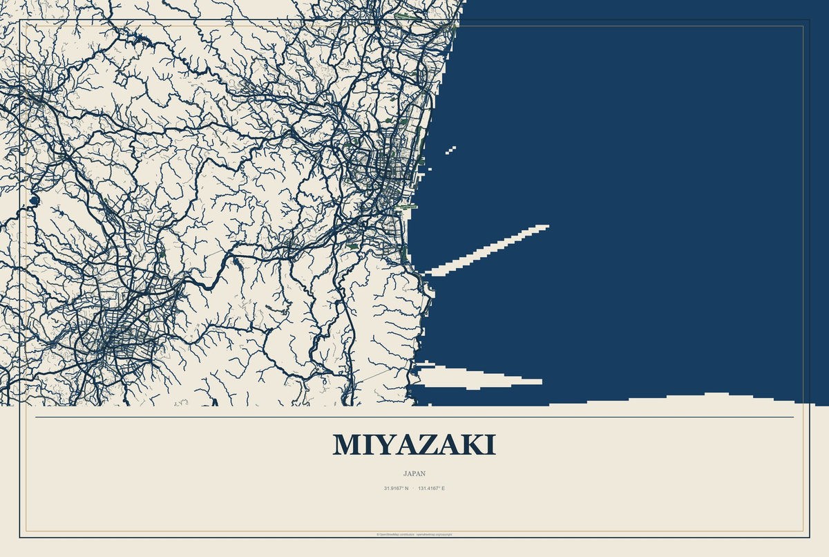 Miyazaki, Japan City Map Aluminum Sign in Coastal Cutout style