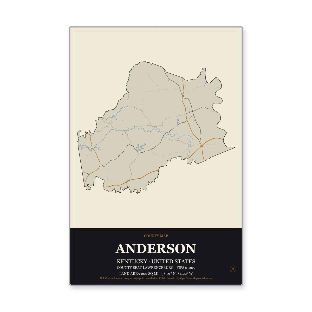 Anderson County, Kentucky Map Aluminum Sign in Museum Plaque style