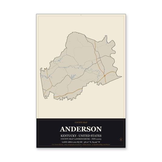 Anderson County, Kentucky Map Aluminum Sign in Museum Plaque style