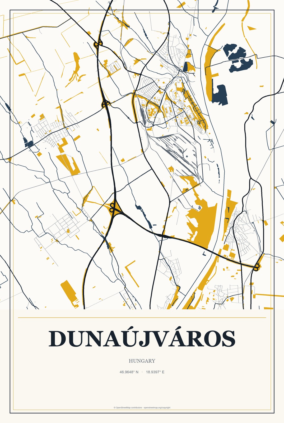 Dunaújváros, Hungary City Map Aluminum Sign in Citrine Modern style