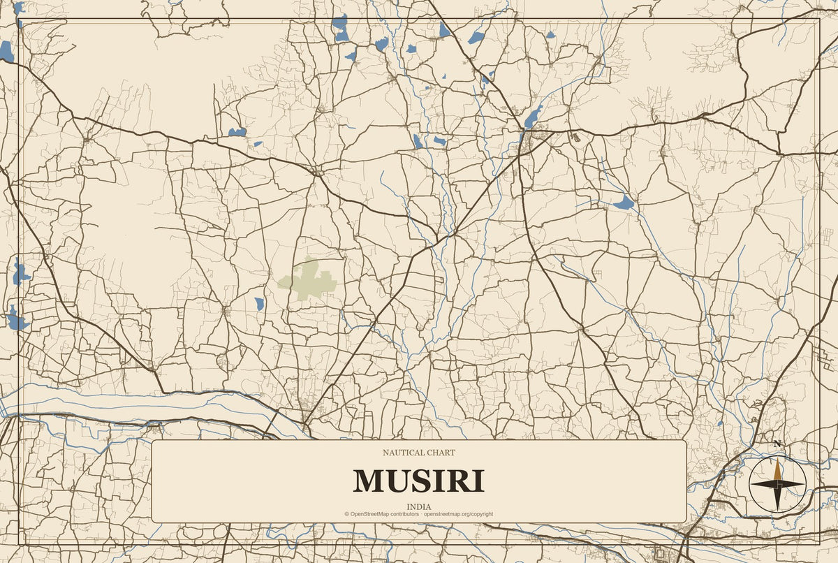 Musiri, India City Map Aluminum Sign in Heritage Nautical style
