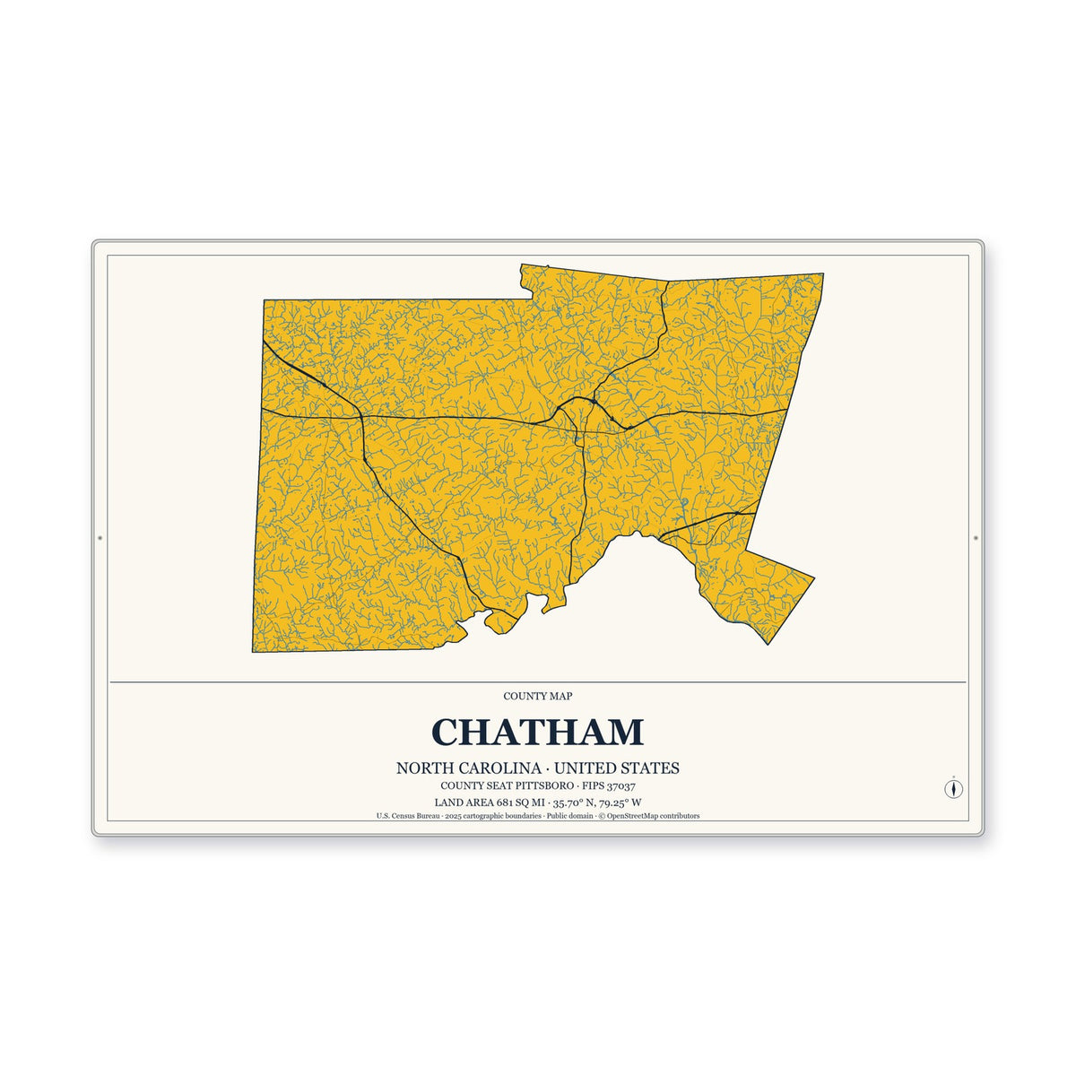 Chatham County, North Carolina Map Aluminum Sign in Citrine Modern style