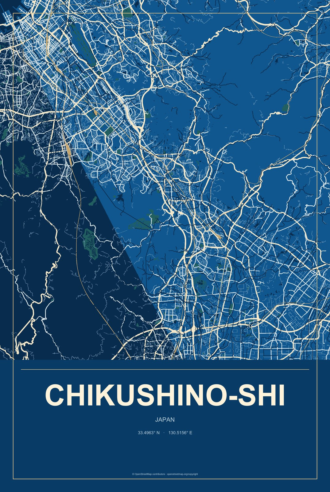 Chikushino-shi, Japan City Map Aluminum Sign in Harbor Cobalt style