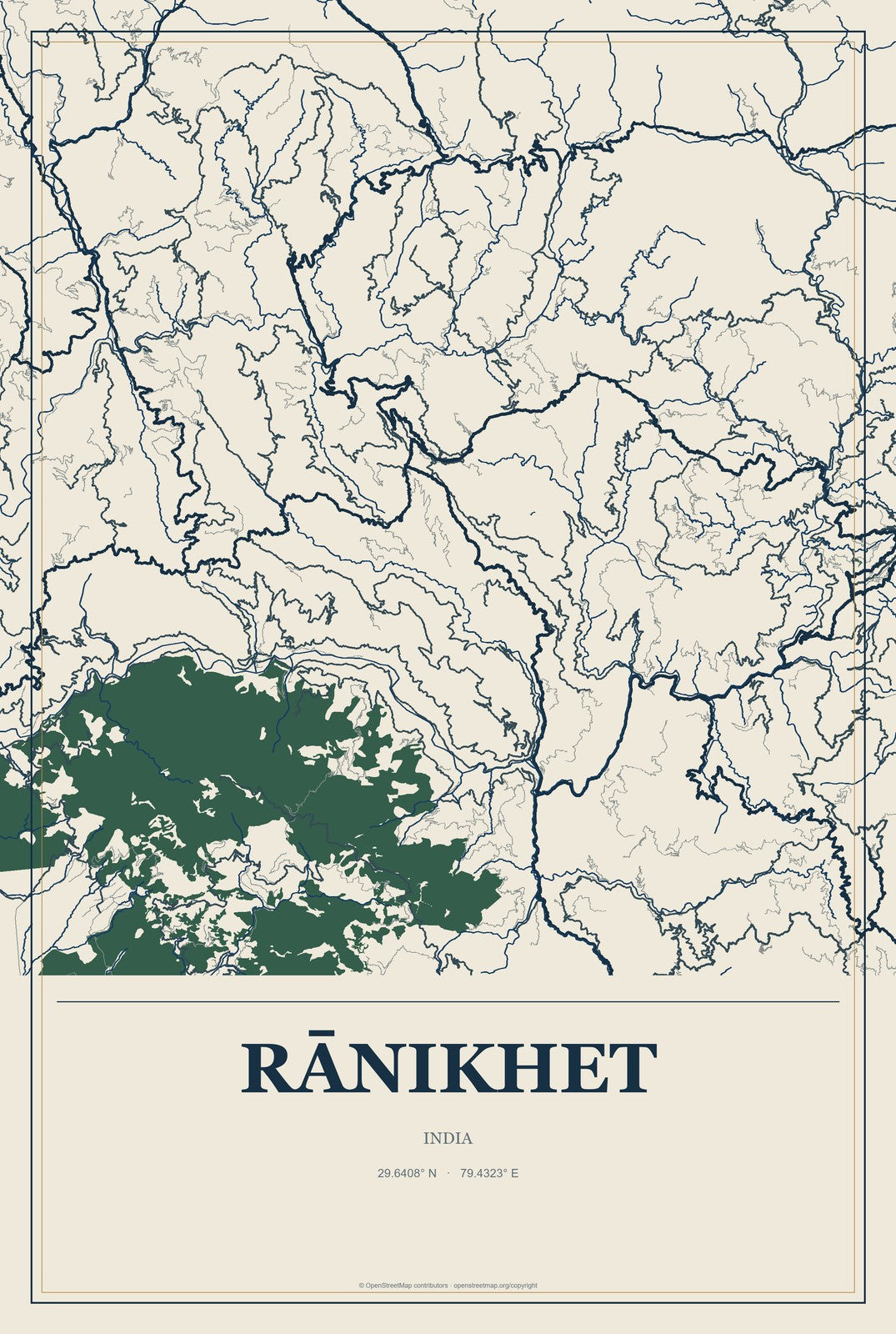 Rānikhet, India City Map Aluminum Sign in Coastal Cutout style