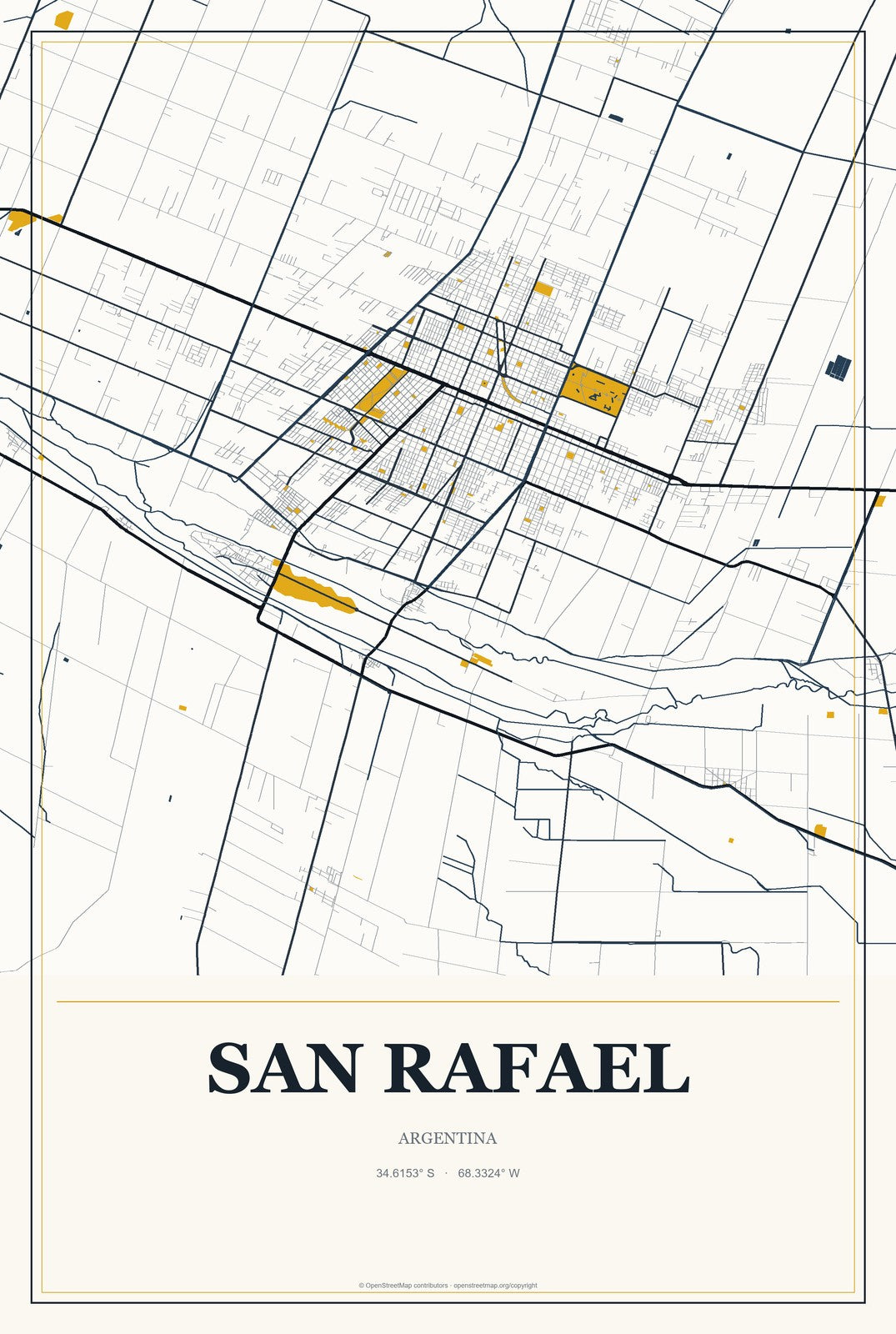 San Rafael, Argentina City Map Aluminum Sign in Citrine Modern style