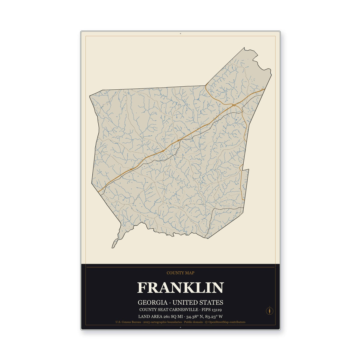 Franklin County, Georgia Map Aluminum Sign in Museum Plaque style