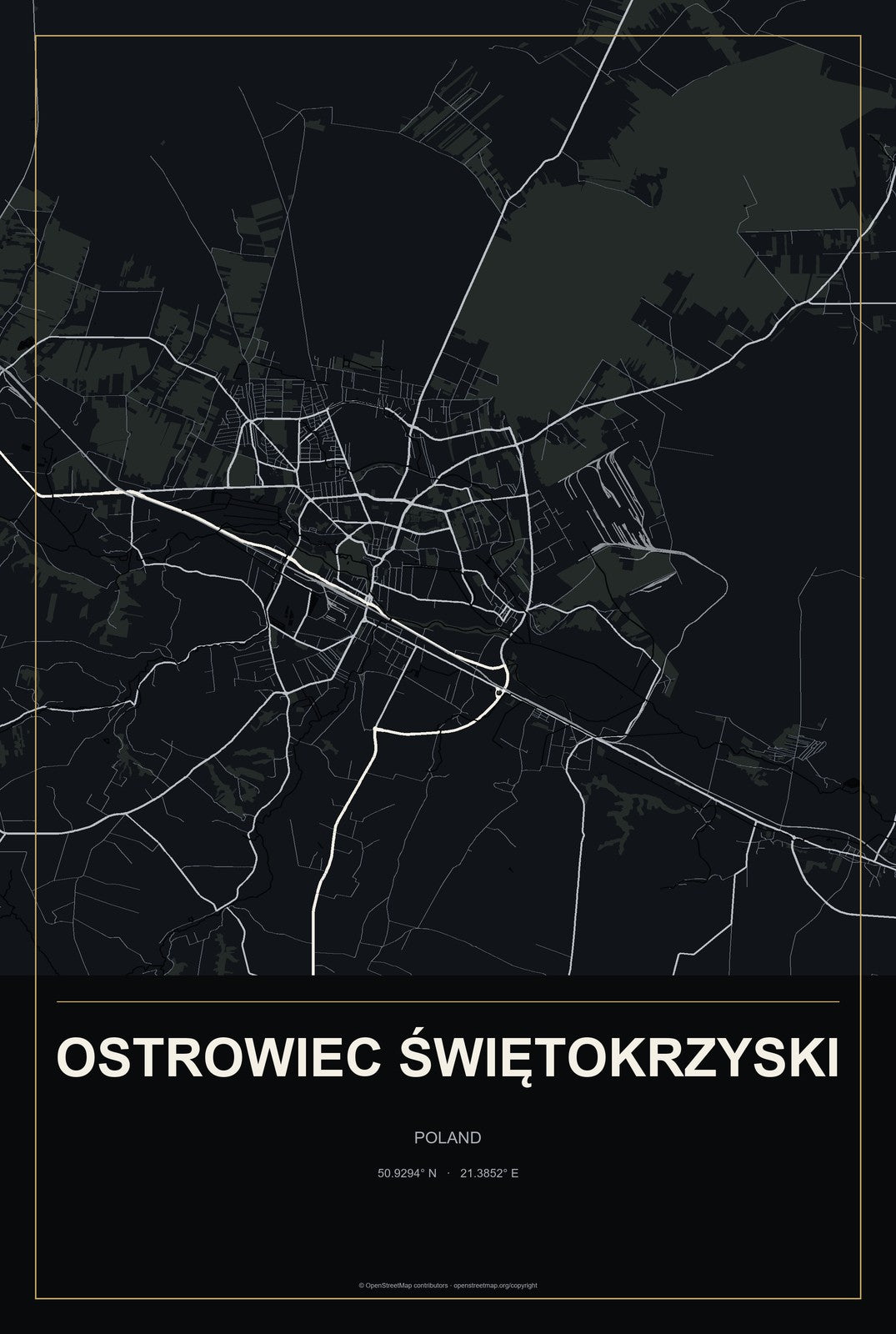 Ostrowiec Świętokrzyski, Poland City Map Aluminum Sign in Metropolitan Noir style