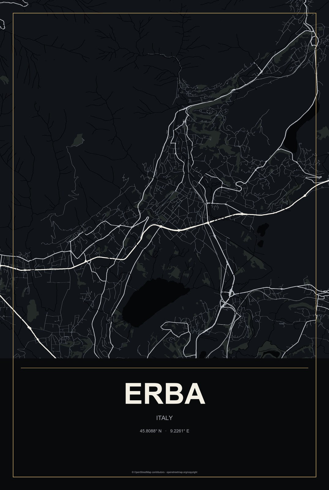 Erba, Italy City Map Aluminum Sign in Metropolitan Noir style