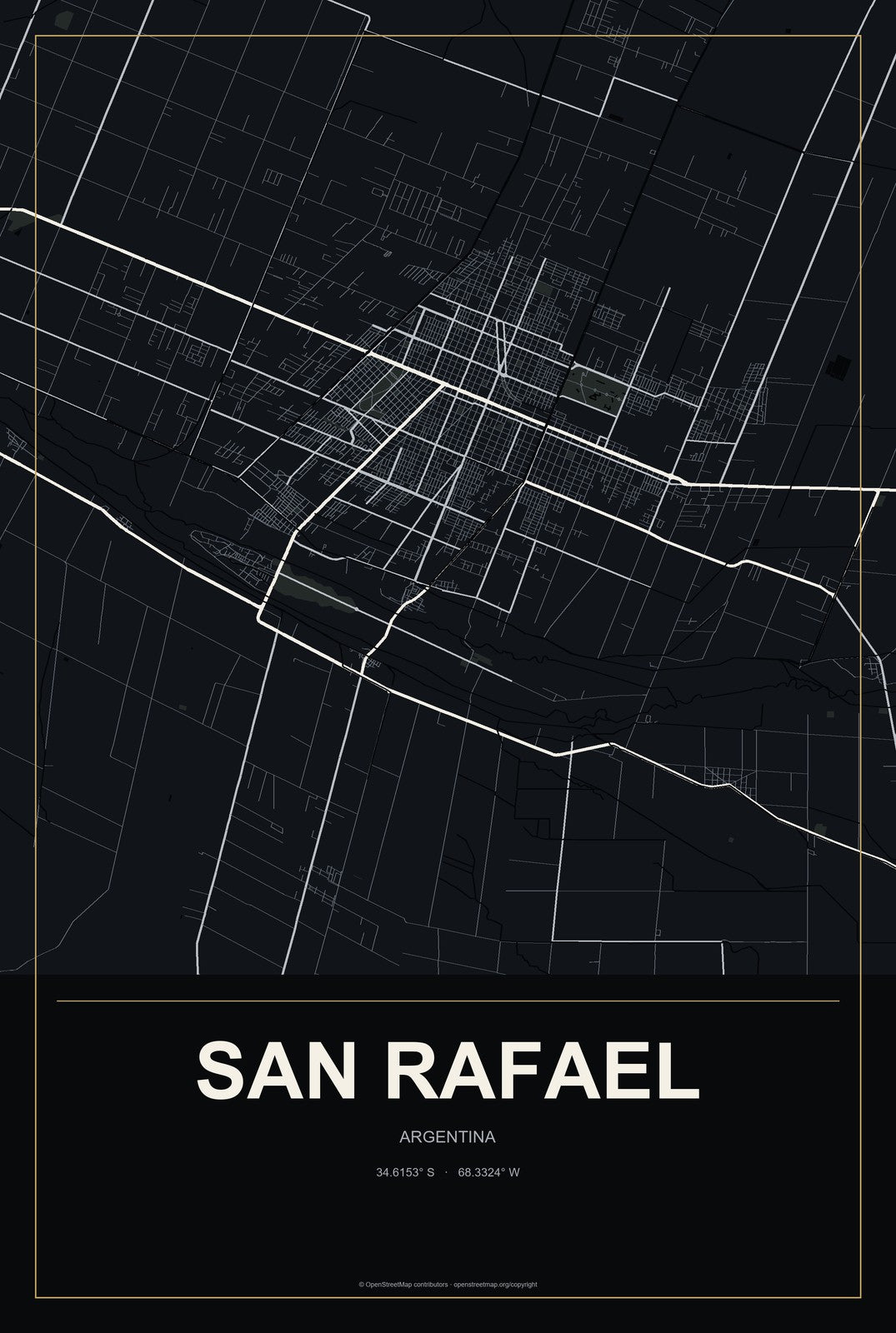 San Rafael, Argentina City Map Aluminum Sign in Metropolitan Noir style