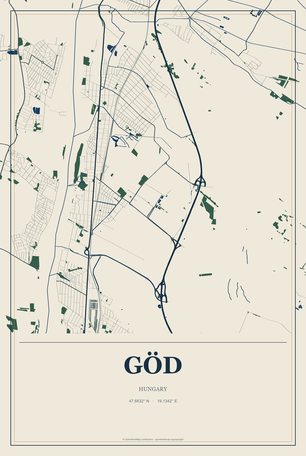 Göd, Hungary City Map Aluminum Sign in Coastal Cutout style