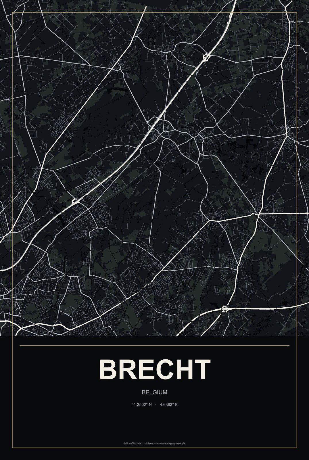 Brecht, Belgium City Map Aluminum Sign in Metropolitan Noir style