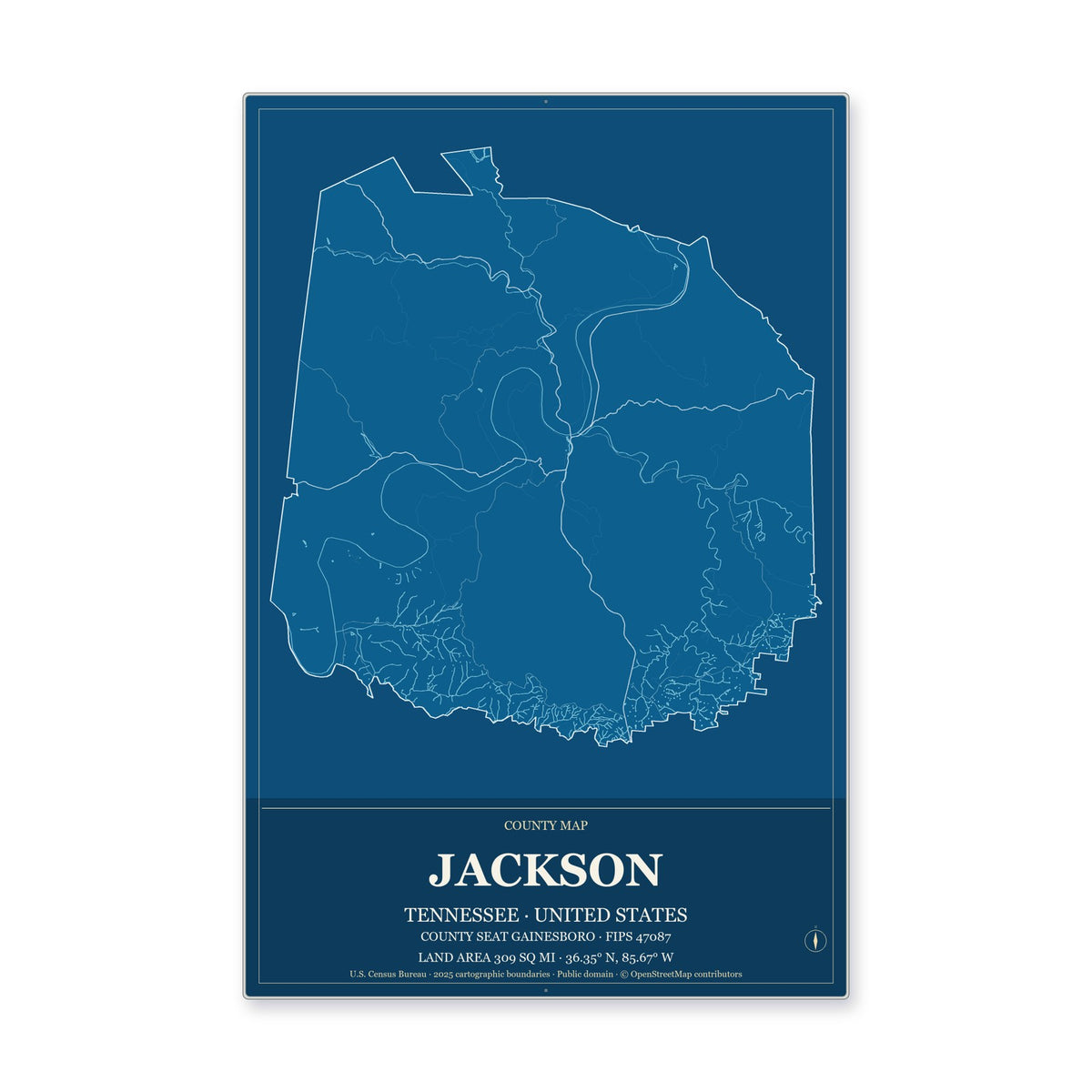 Jackson County, Tennessee Map Aluminum Sign in Harbor Cobalt style