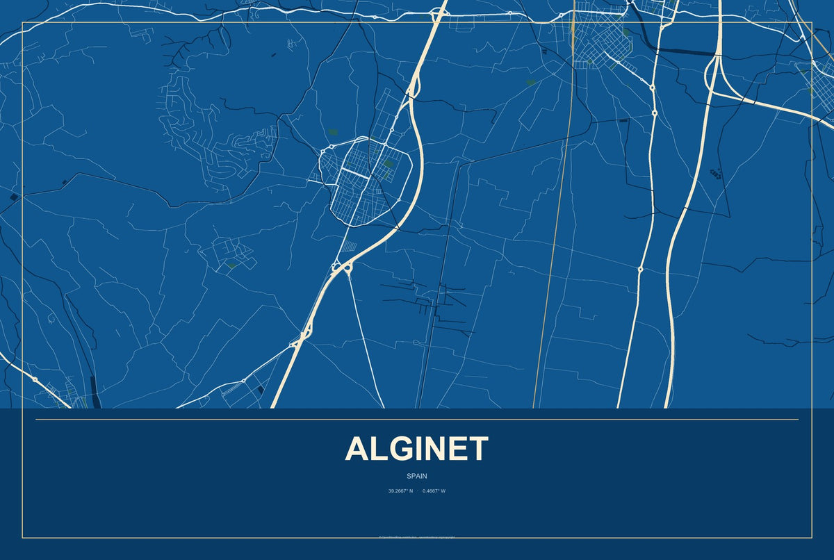 Alginet, Spain City Map Aluminum Sign in Harbor Cobalt style