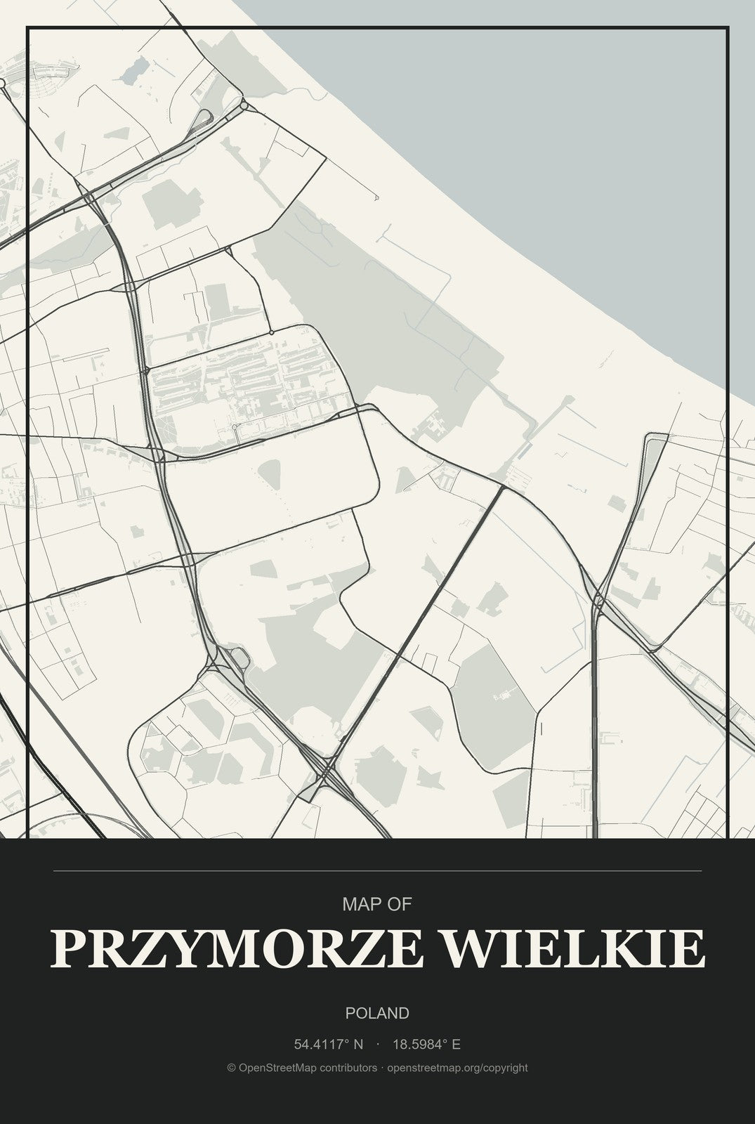 Przymorze Wielkie, Poland City Map Aluminum Sign in Museum Plaque style