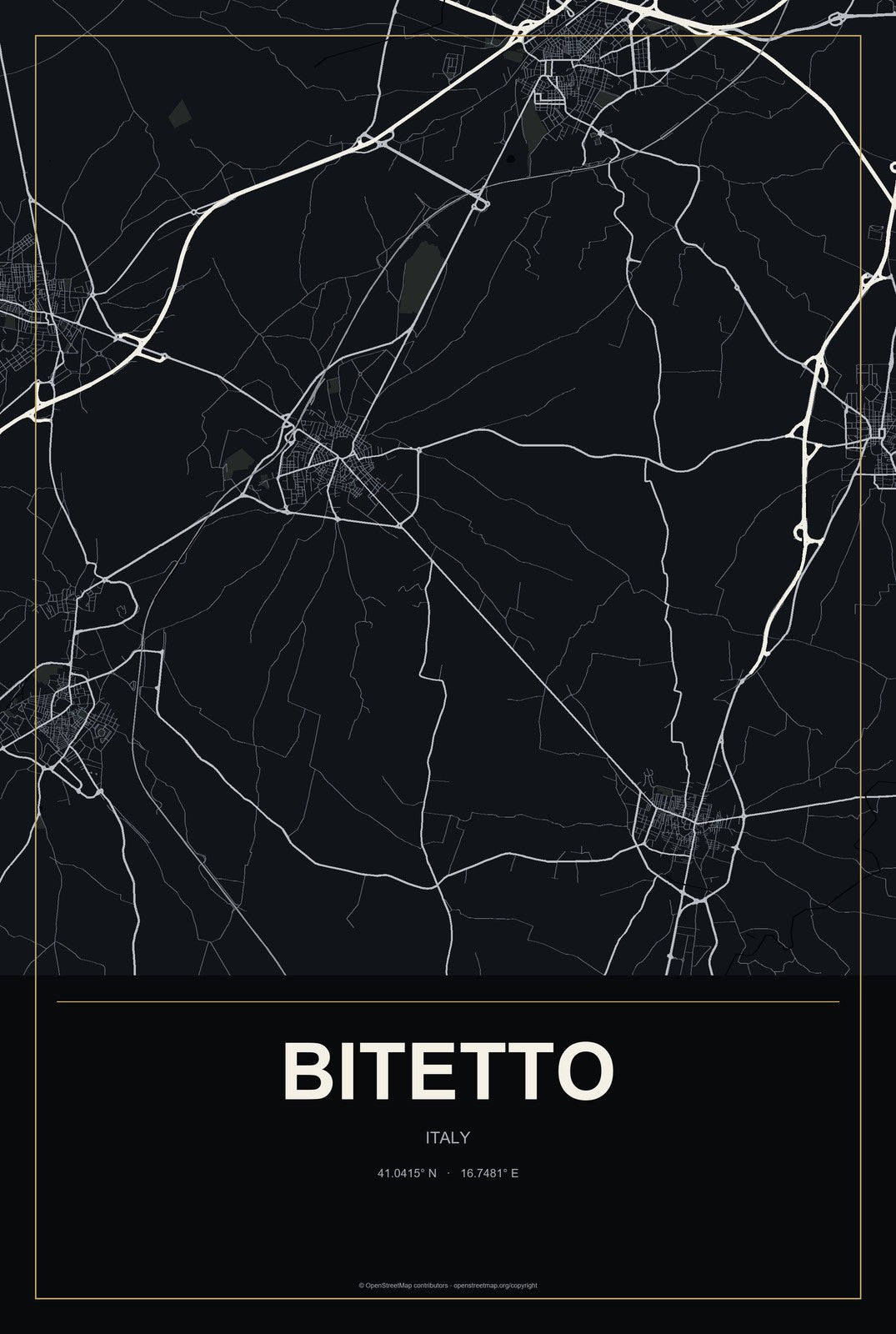 Bitetto, Italy City Map Aluminum Sign in Metropolitan Noir style