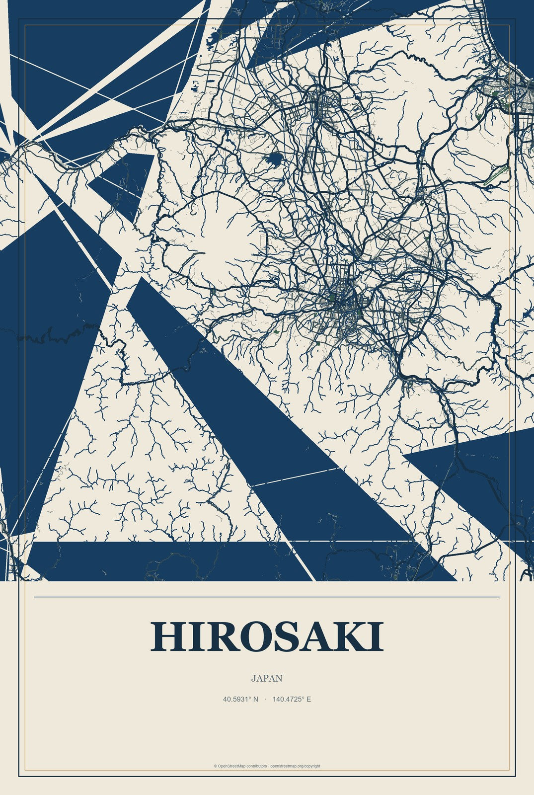 Hirosaki, Japan City Map Aluminum Sign in Coastal Cutout style