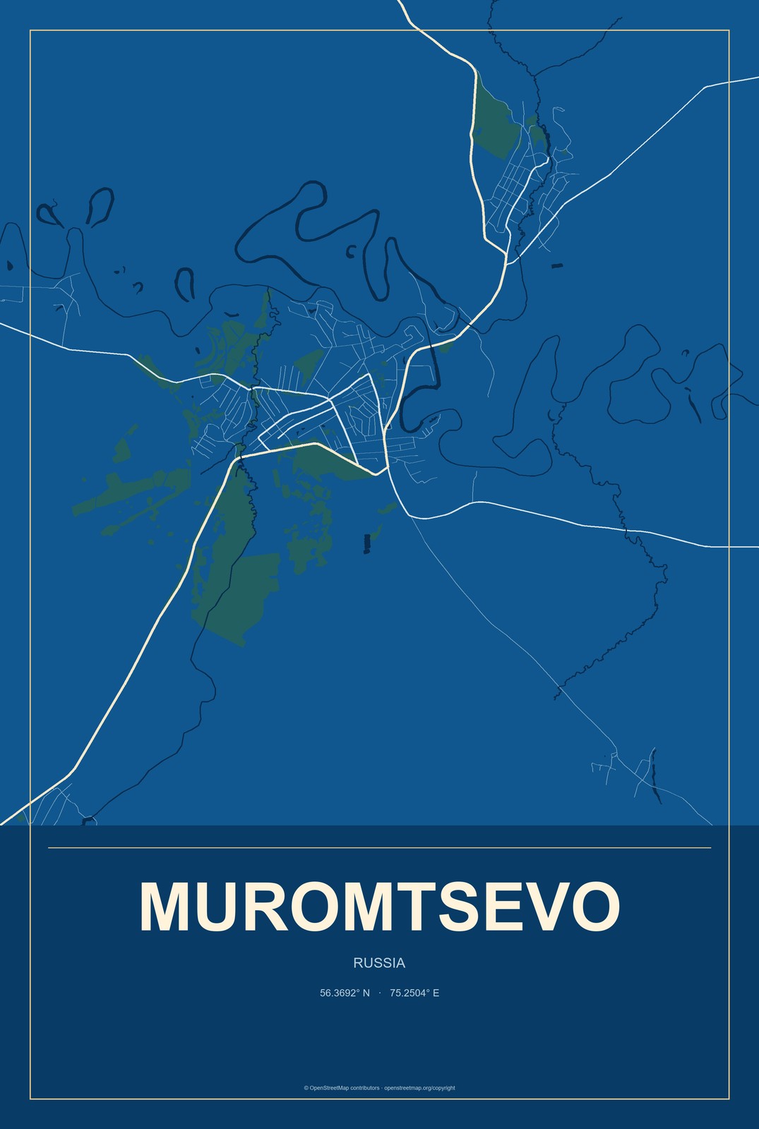 Muromtsevo, Russia City Map Aluminum Sign in Harbor Cobalt style