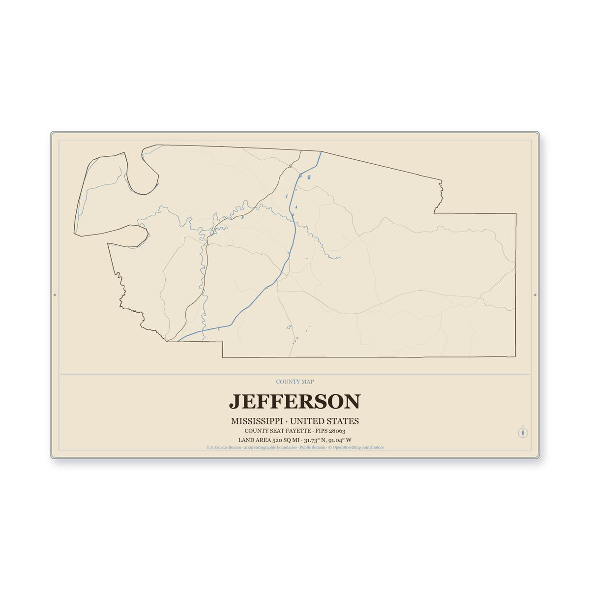 Jefferson County, Mississippi Map Aluminum Sign in Heritage Nautical style