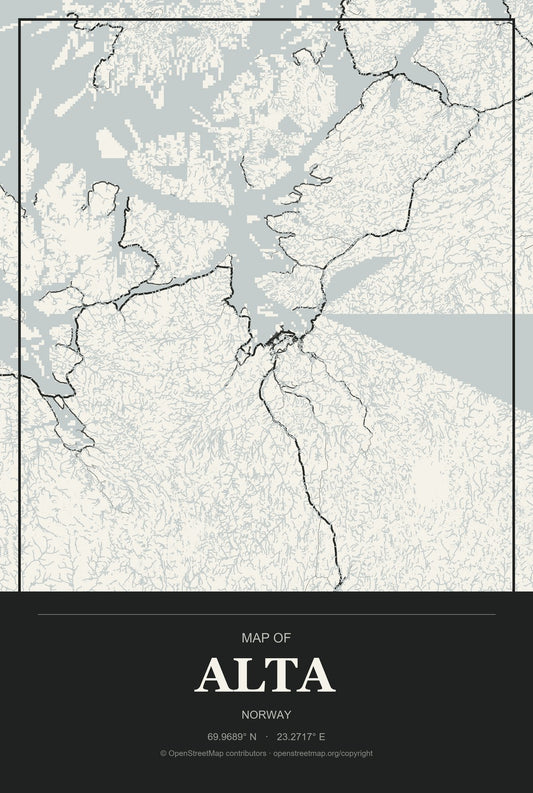 Alta, Norway City Map Aluminum Sign in Museum Plaque style