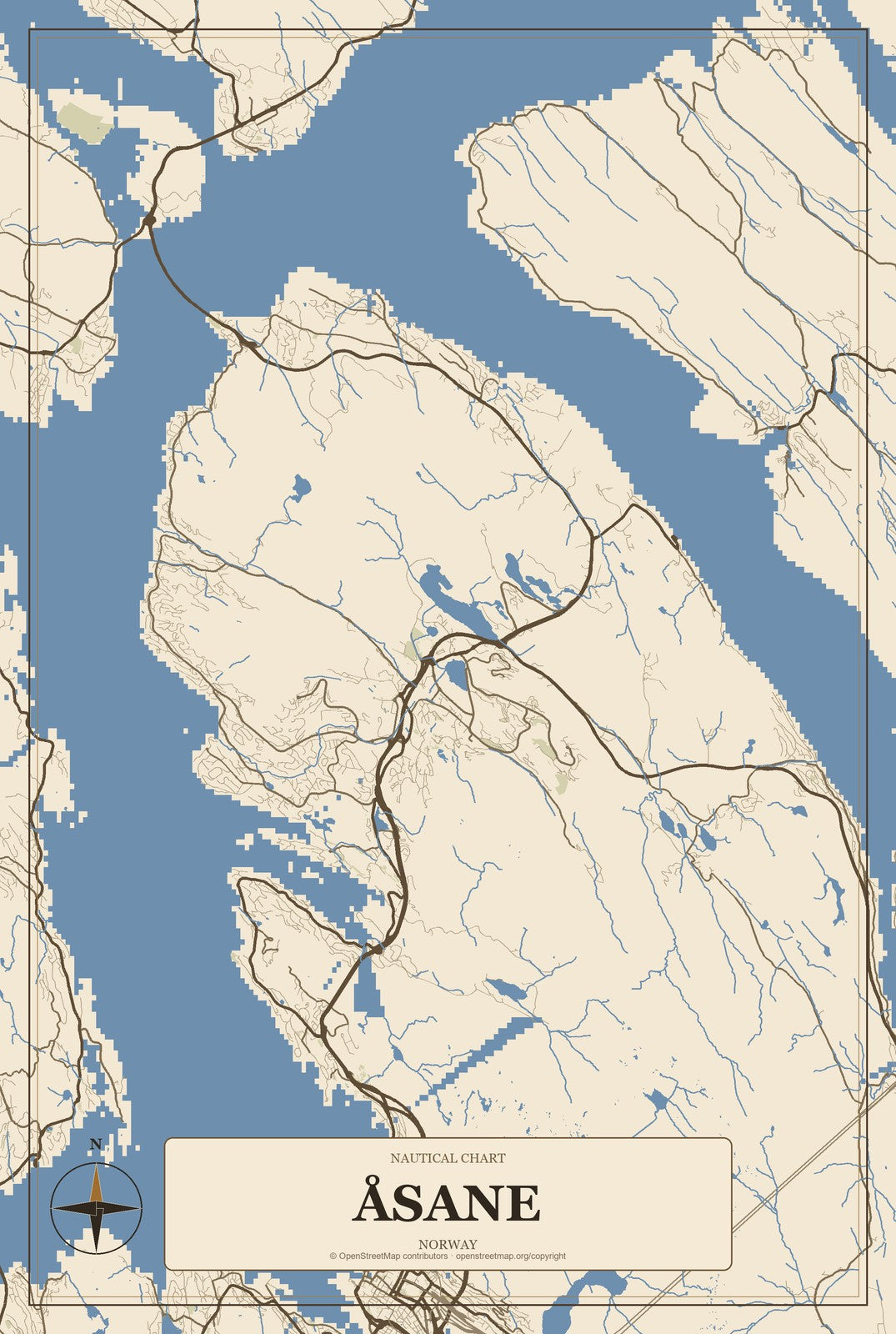 Åsane, Norway City Map Aluminum Sign in Heritage Nautical style