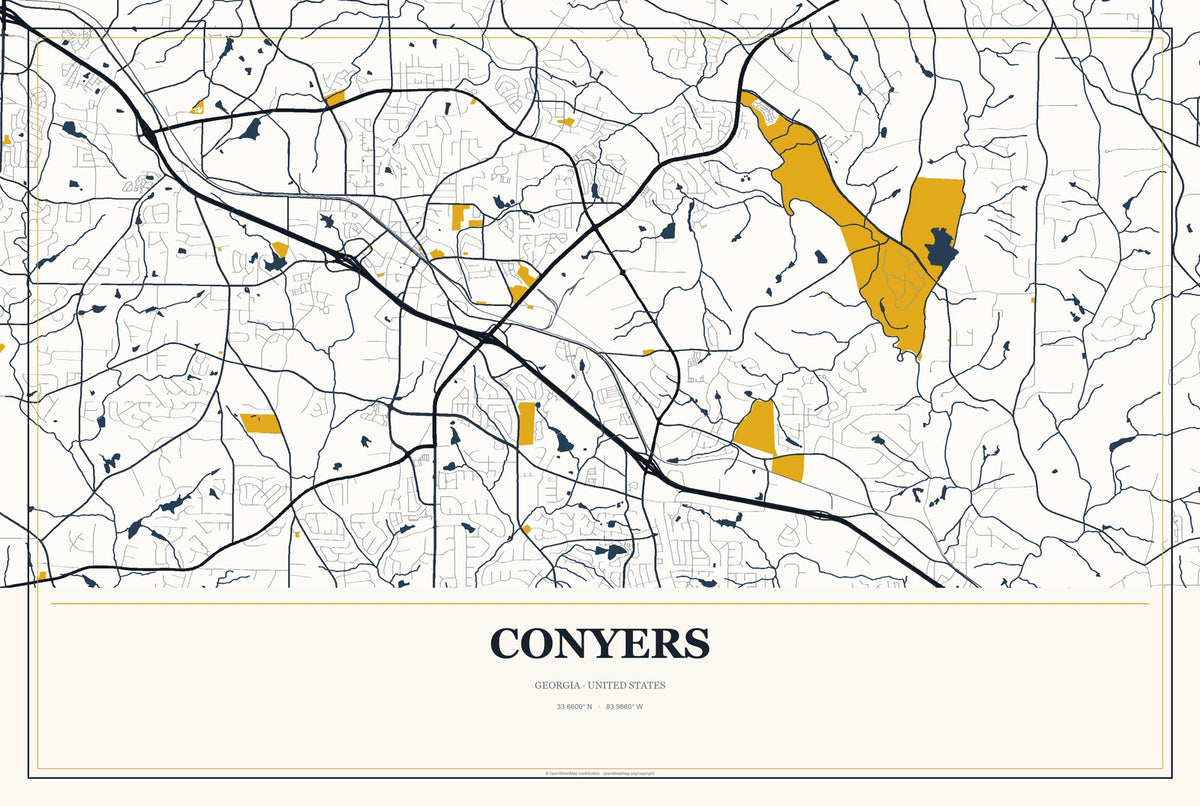 Conyers, Georgia City Map Aluminum Sign in Citrine Modern style