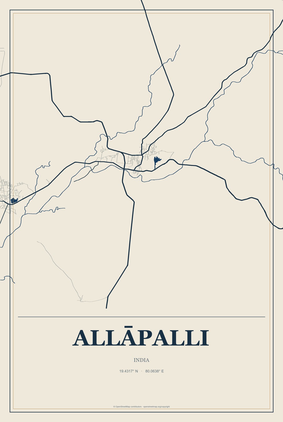 Allāpalli, India City Map Aluminum Sign in Coastal Cutout style