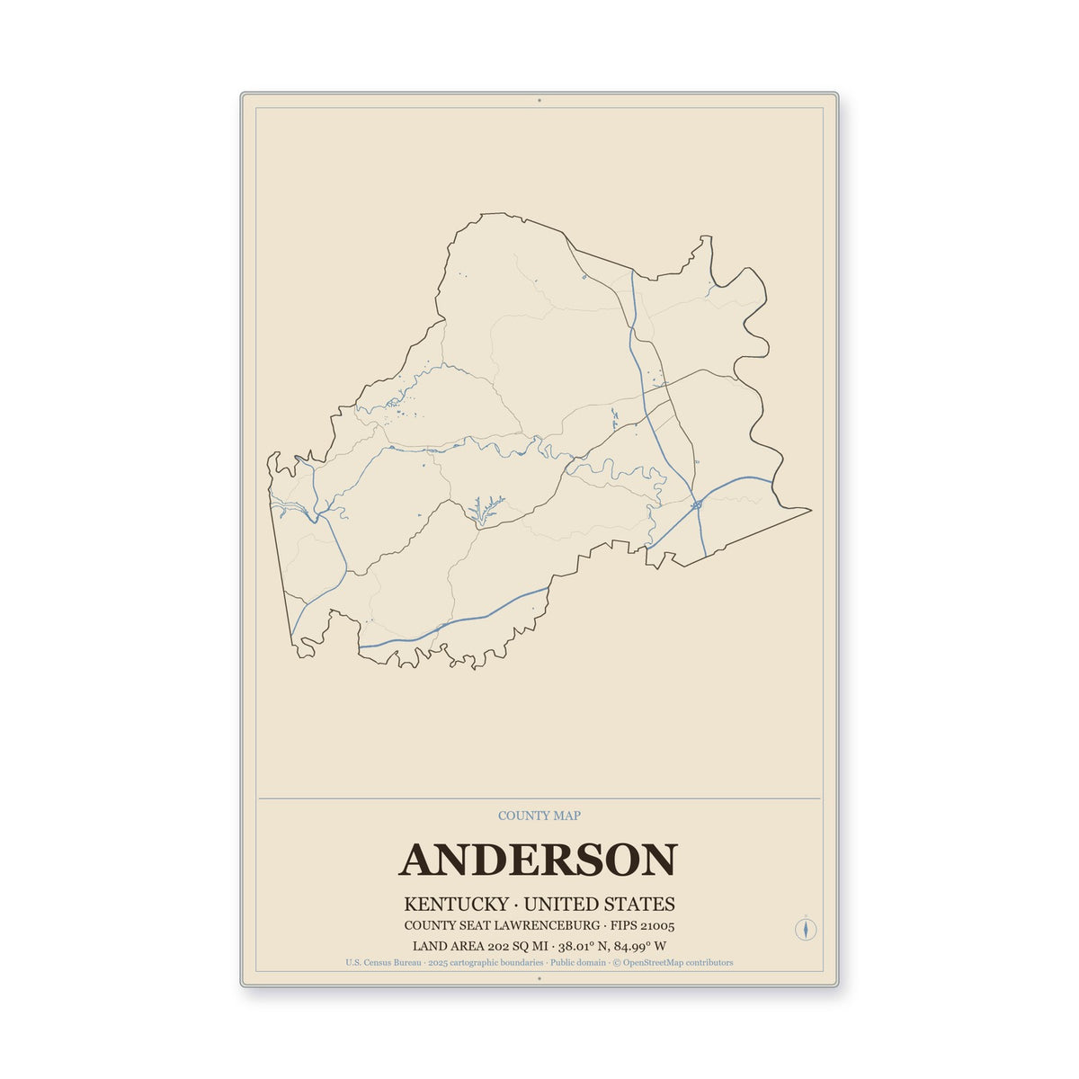 Anderson County, Kentucky Map Aluminum Sign in Heritage Nautical style