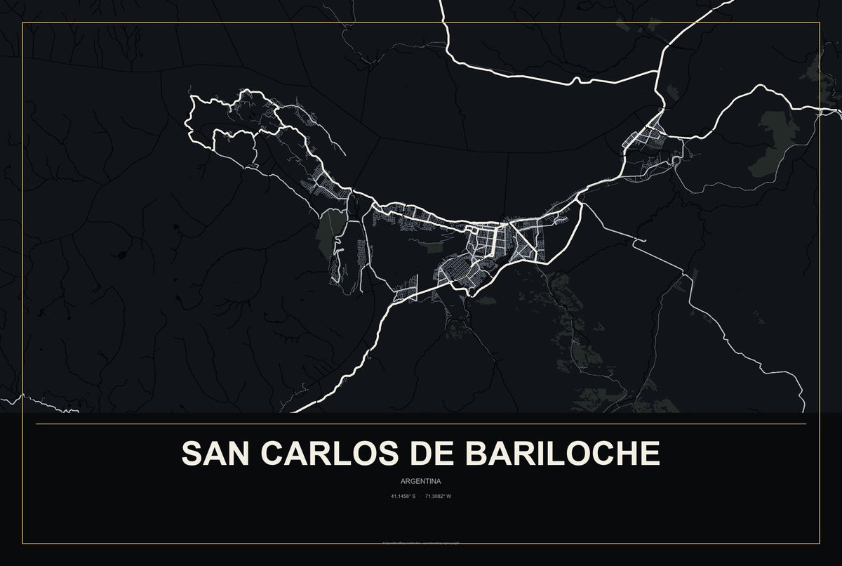 San Carlos de Bariloche, Argentina City Map Aluminum Sign in Metropolitan Noir style