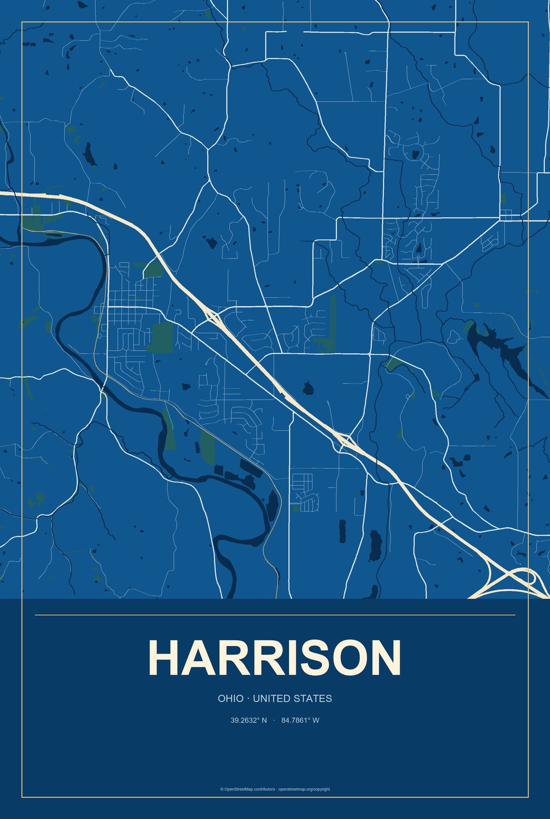 Harrison, Ohio City Map Aluminum Sign in Harbor Cobalt style