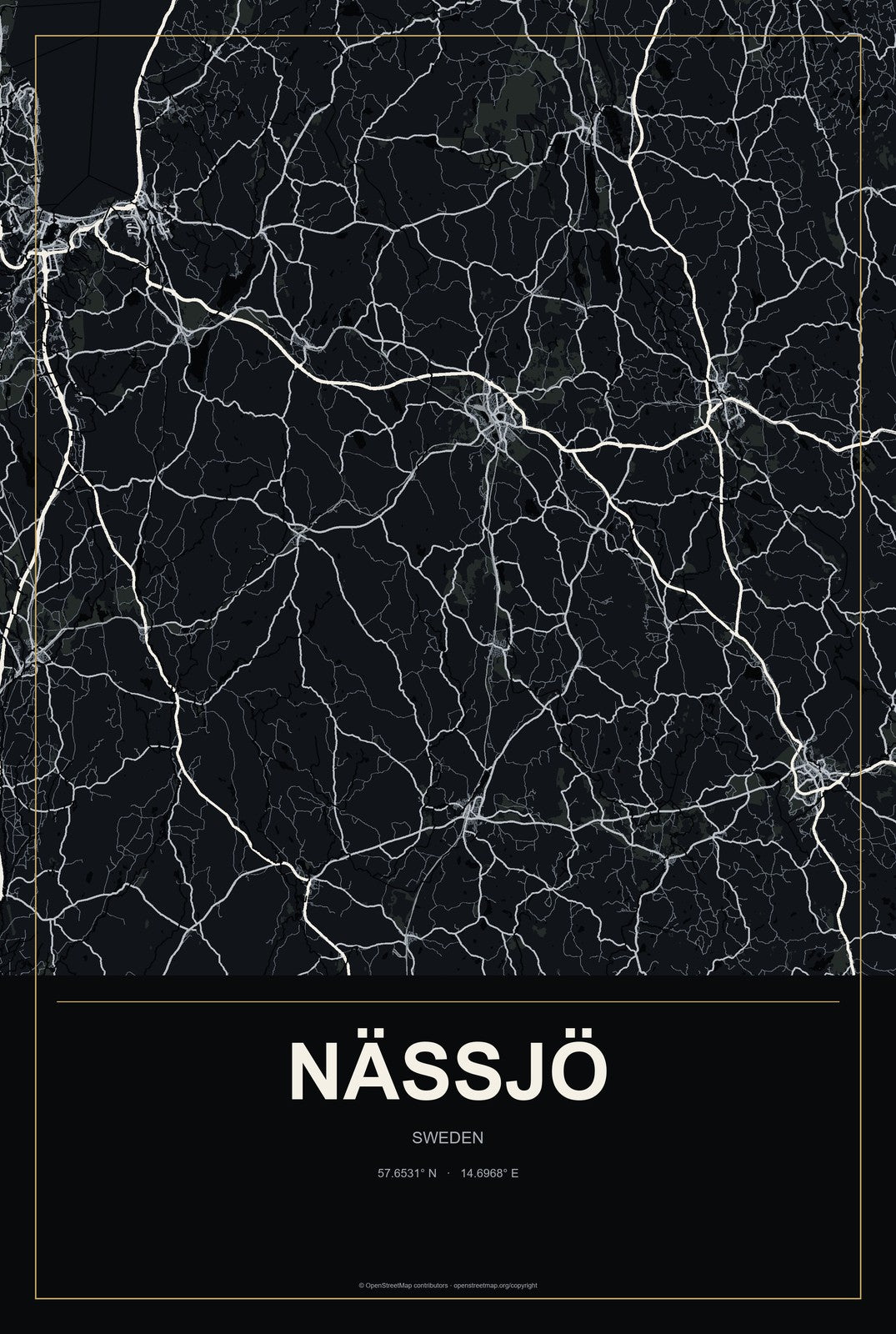 Nässjö, Sweden City Map Aluminum Sign in Metropolitan Noir style