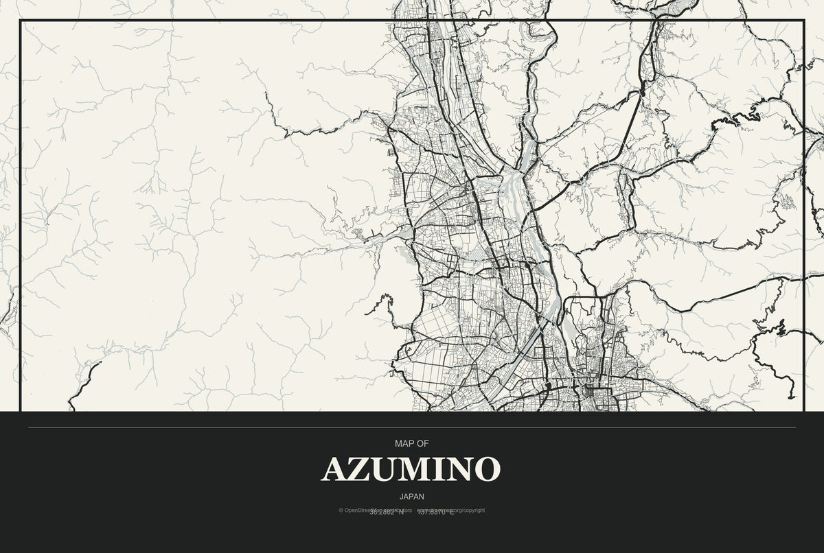 Azumino, Japan City Map Aluminum Sign in Museum Plaque style