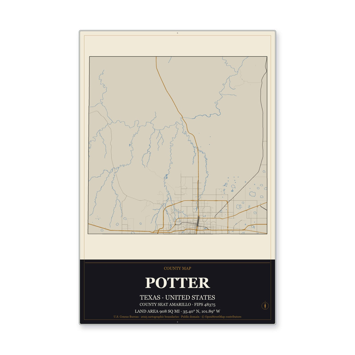 Potter County, Texas Map Aluminum Sign in Museum Plaque style