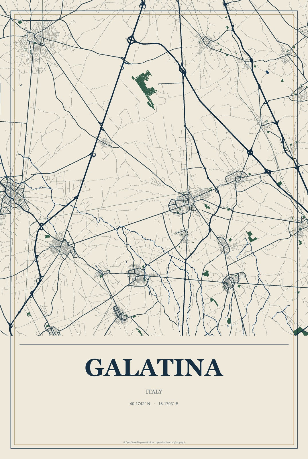 Galatina, Italy City Map Aluminum Sign in Coastal Cutout style