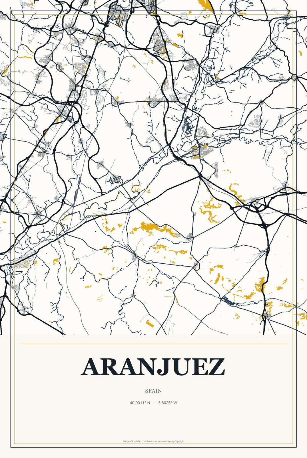 Aranjuez, Spain City Map Aluminum Sign in Citrine Modern style