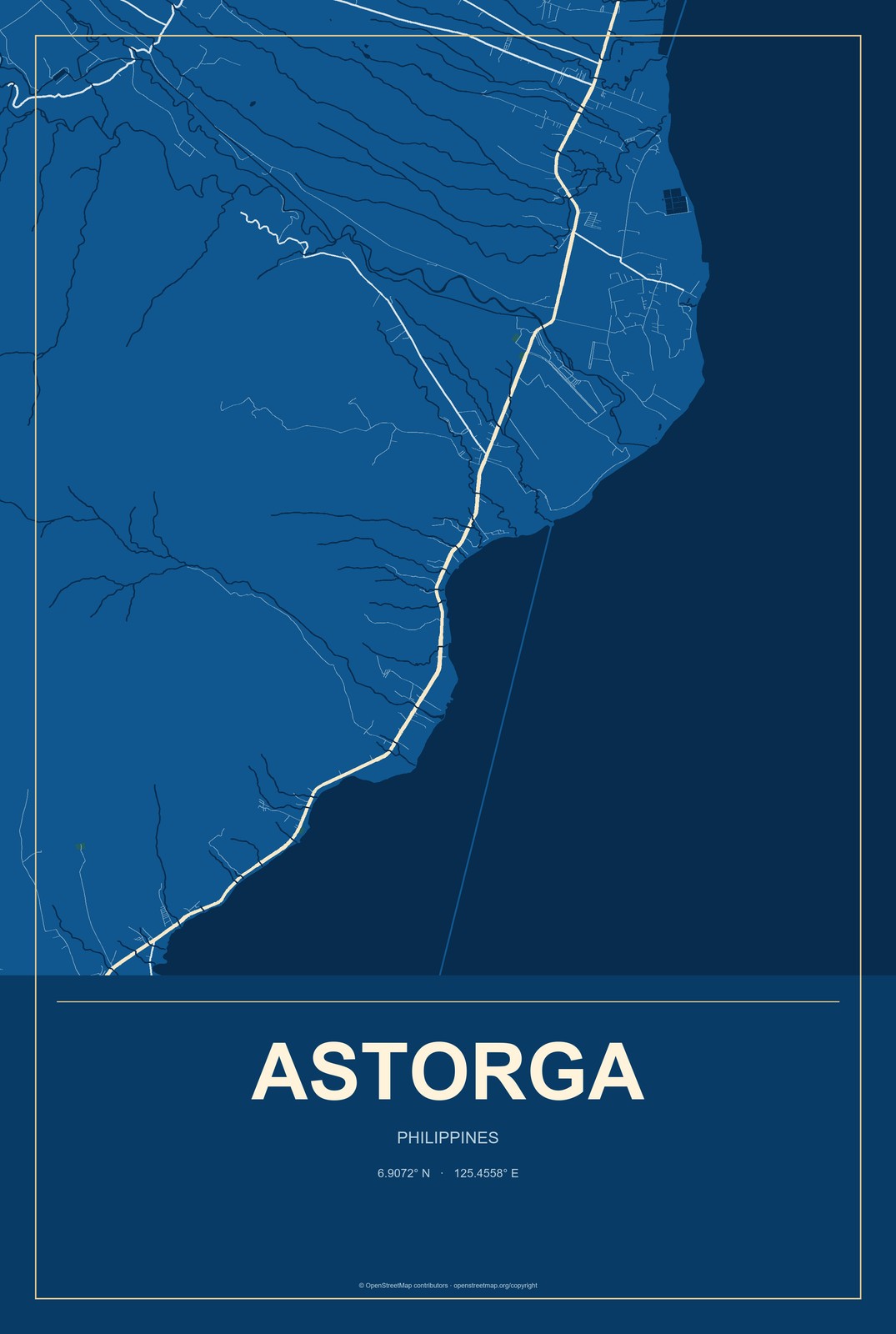 Astorga, Philippines City Map Aluminum Sign in Harbor Cobalt style