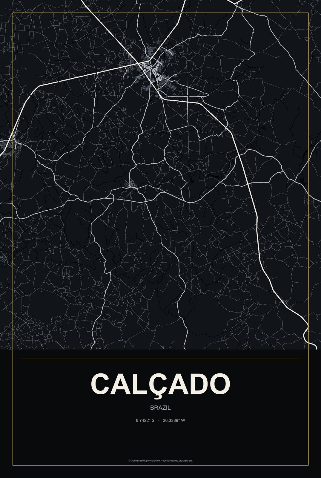 Calçado, Brazil City Map Aluminum Sign in Metropolitan Noir style