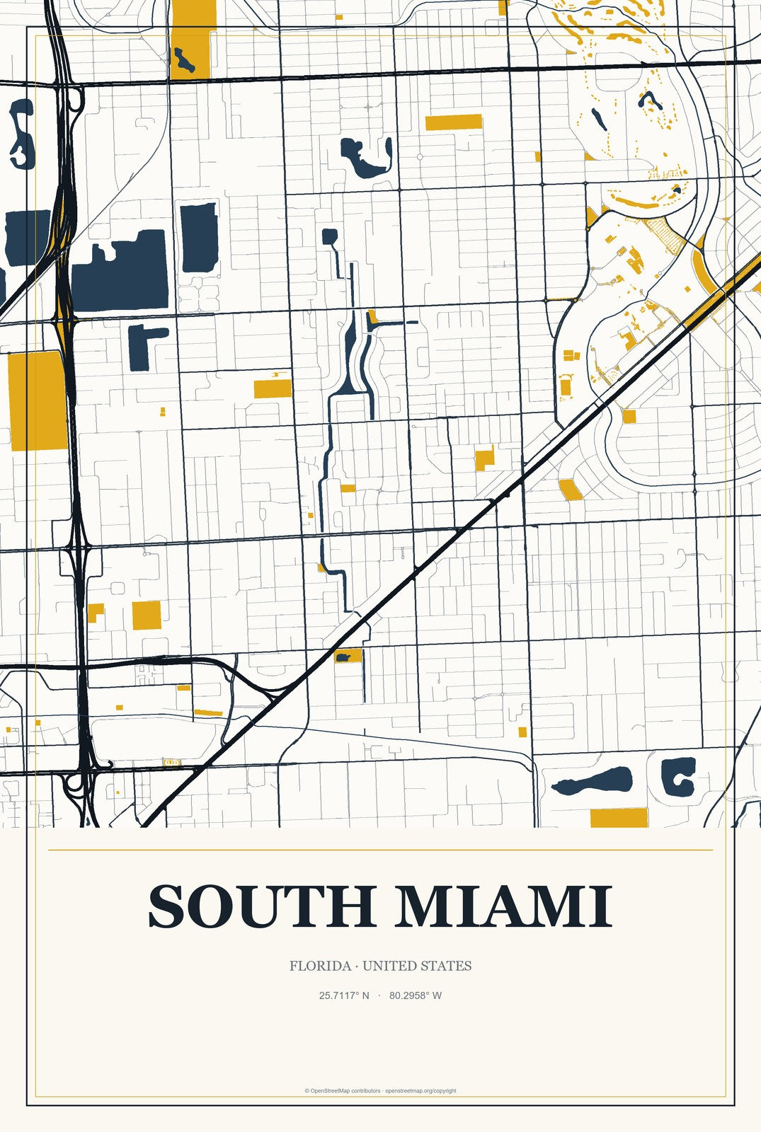 South Miami, Florida City Map Aluminum Sign in Citrine Modern style