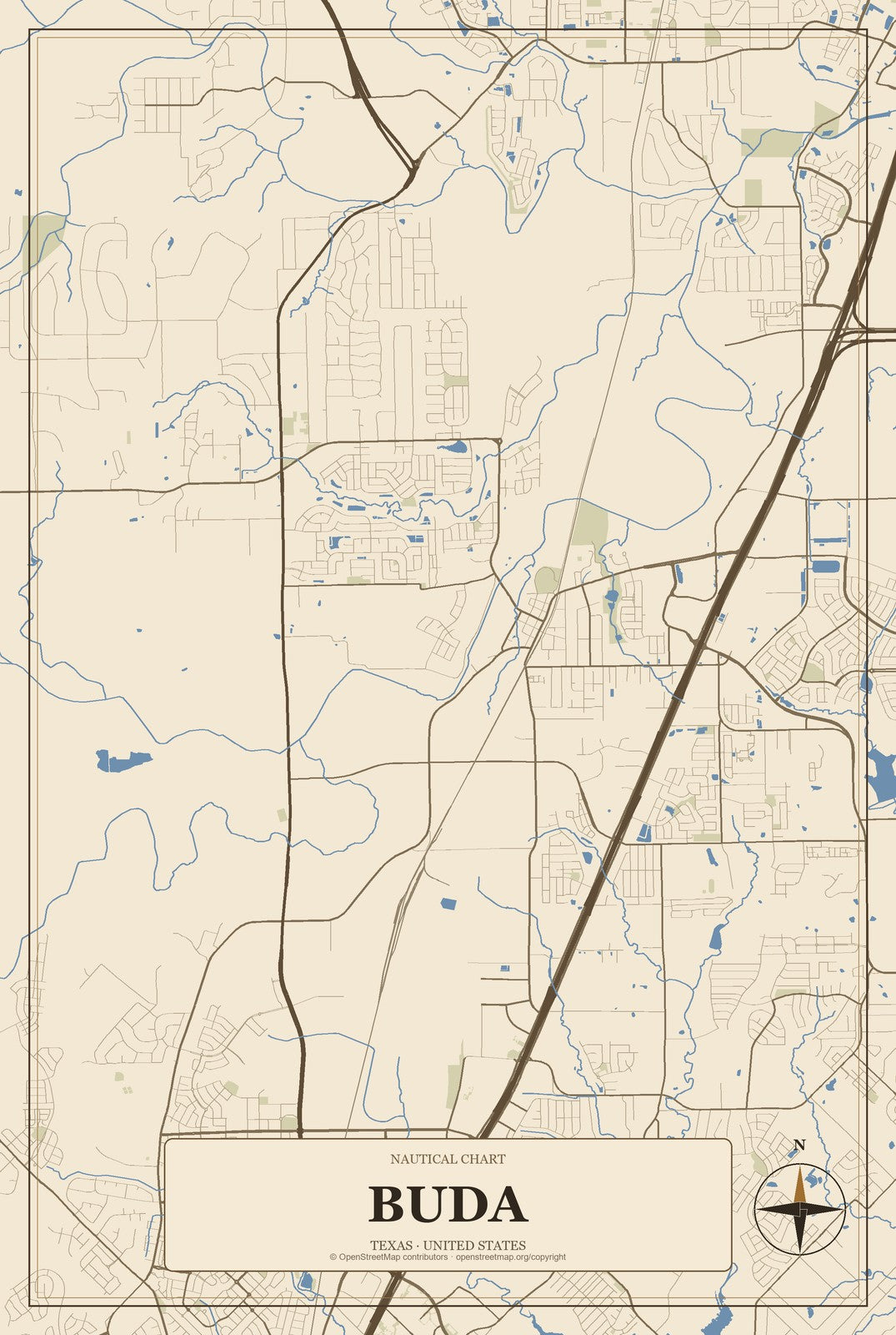 Buda, Texas City Map Aluminum Sign in Heritage Nautical style