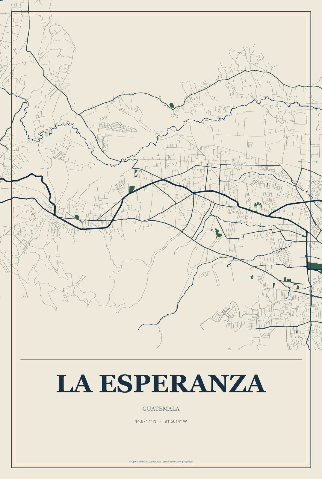 La Esperanza, Guatemala City Map Aluminum Sign in Coastal Cutout style