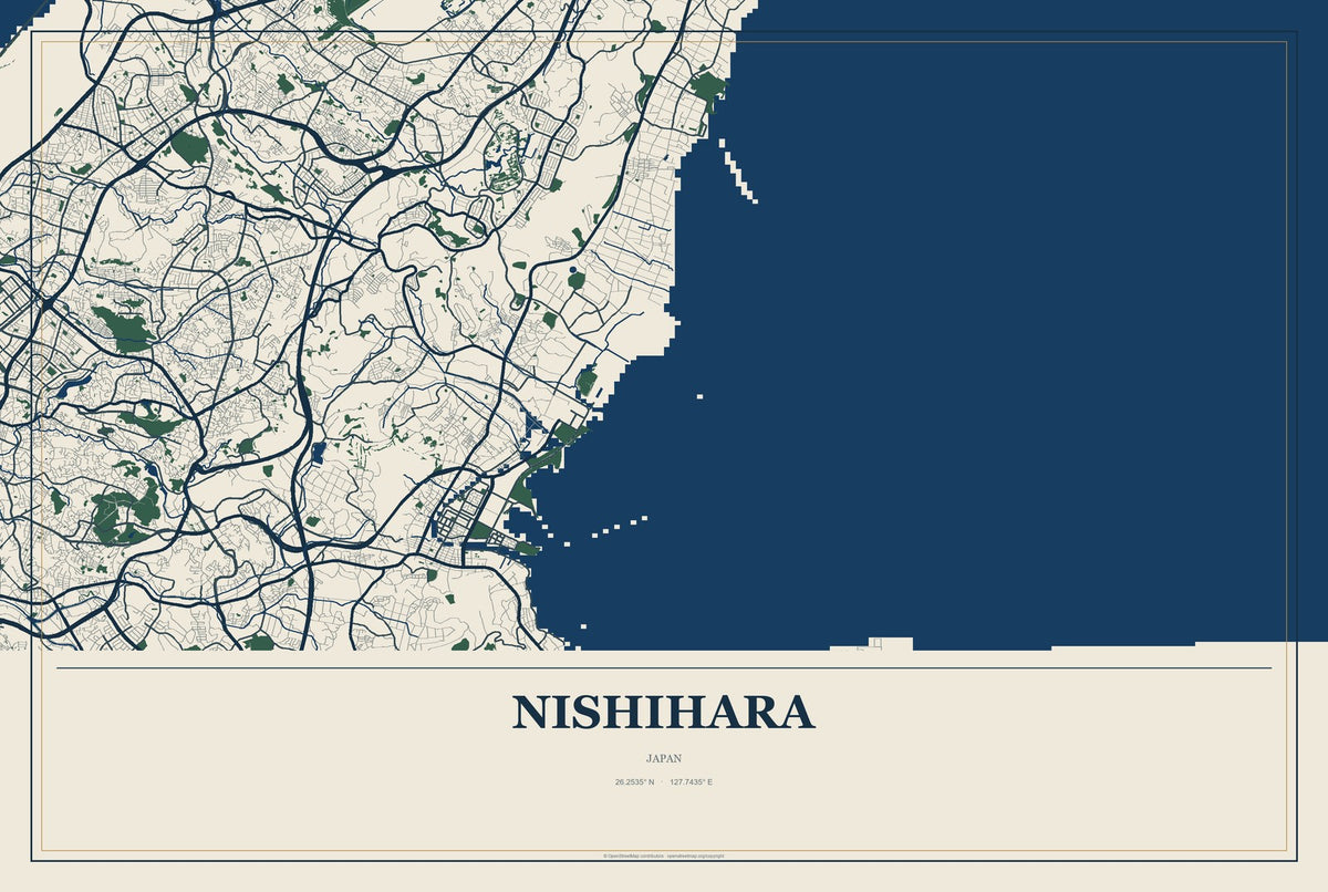 Nishihara, Japan City Map Aluminum Sign in Coastal Cutout style