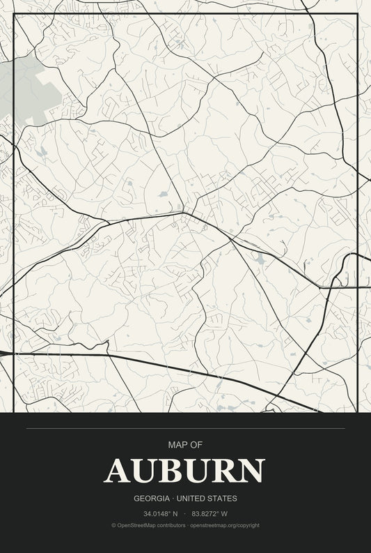 Auburn, Georgia City Map Aluminum Sign in Museum Plaque style