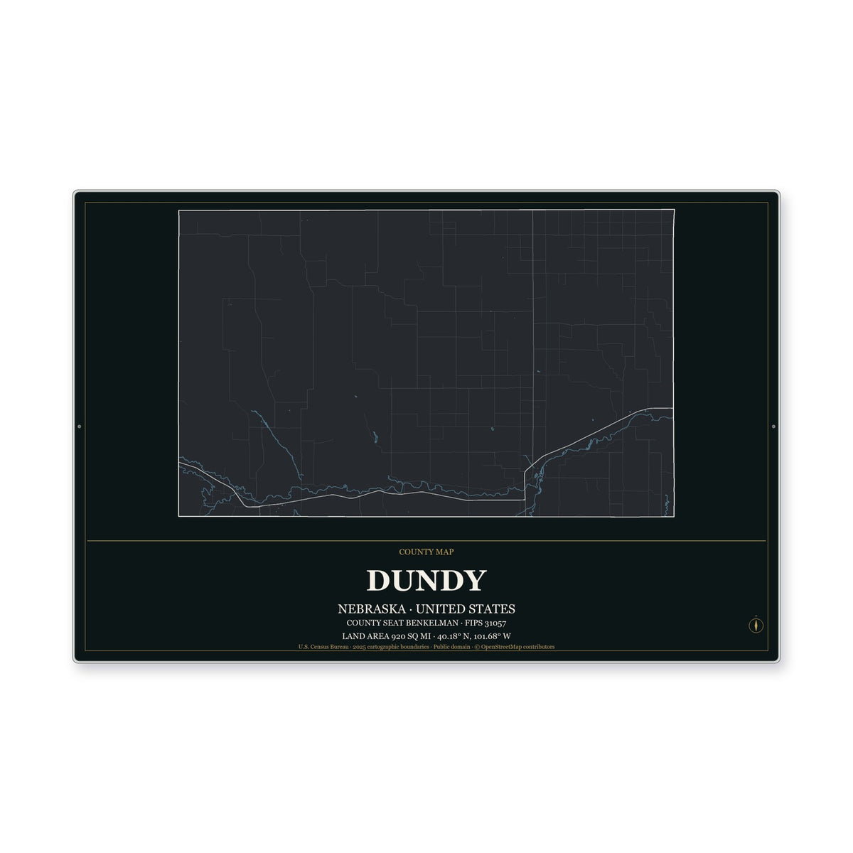 Dundy County, Nebraska Map Aluminum Sign in Metropolitan Noir style