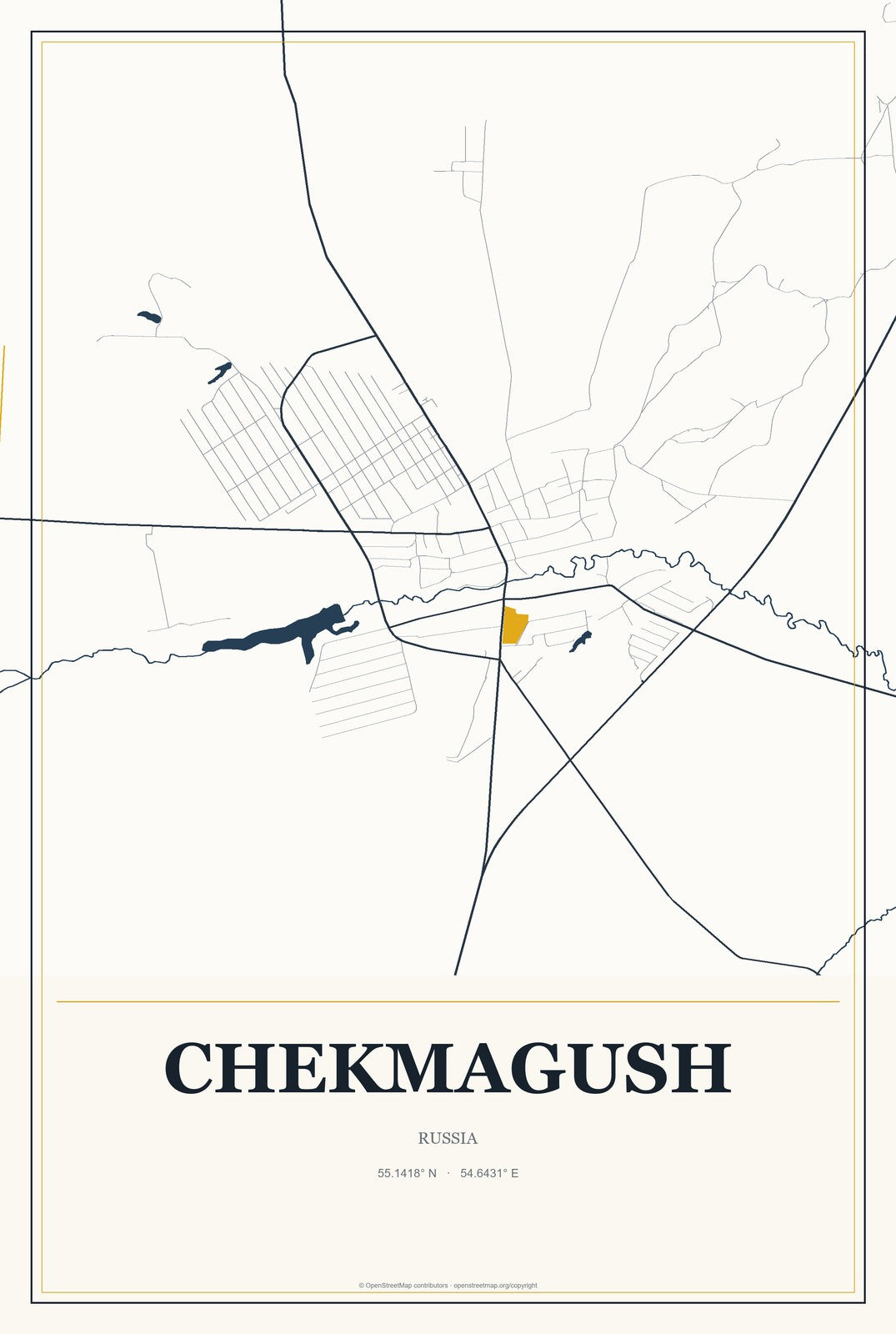 Chekmagush, Russia City Map Aluminum Sign in Citrine Modern style