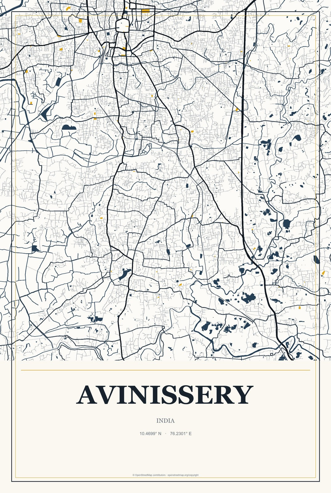 Avinissery, India City Map Aluminum Sign in Citrine Modern style