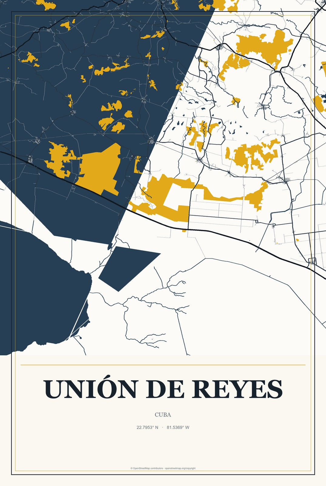 Unión de Reyes, Cuba City Map Aluminum Sign in Citrine Modern style